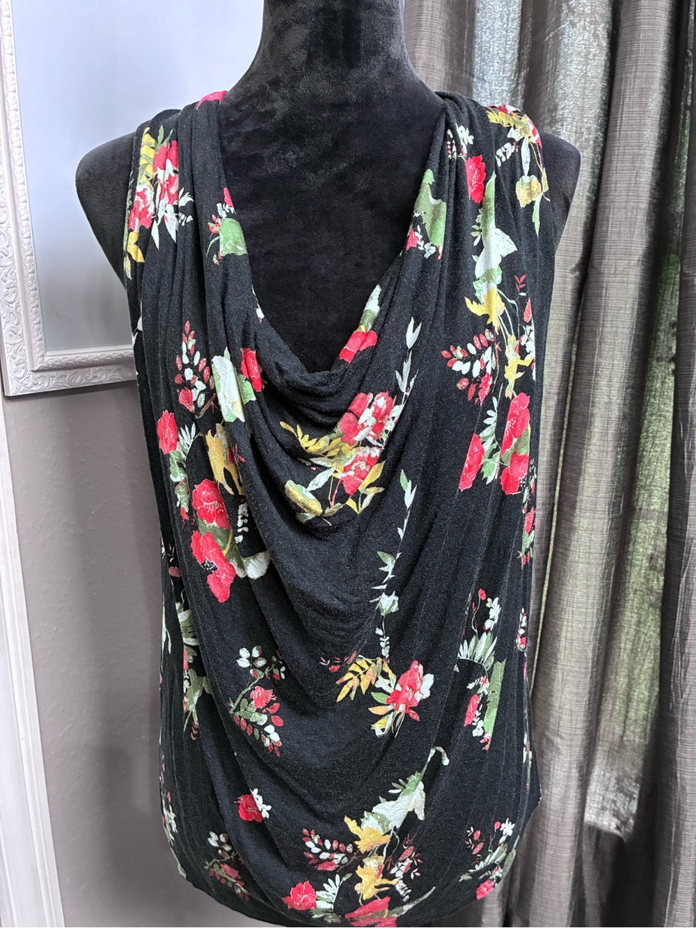 Maurices Black Floral Cowl Neck Tank Top